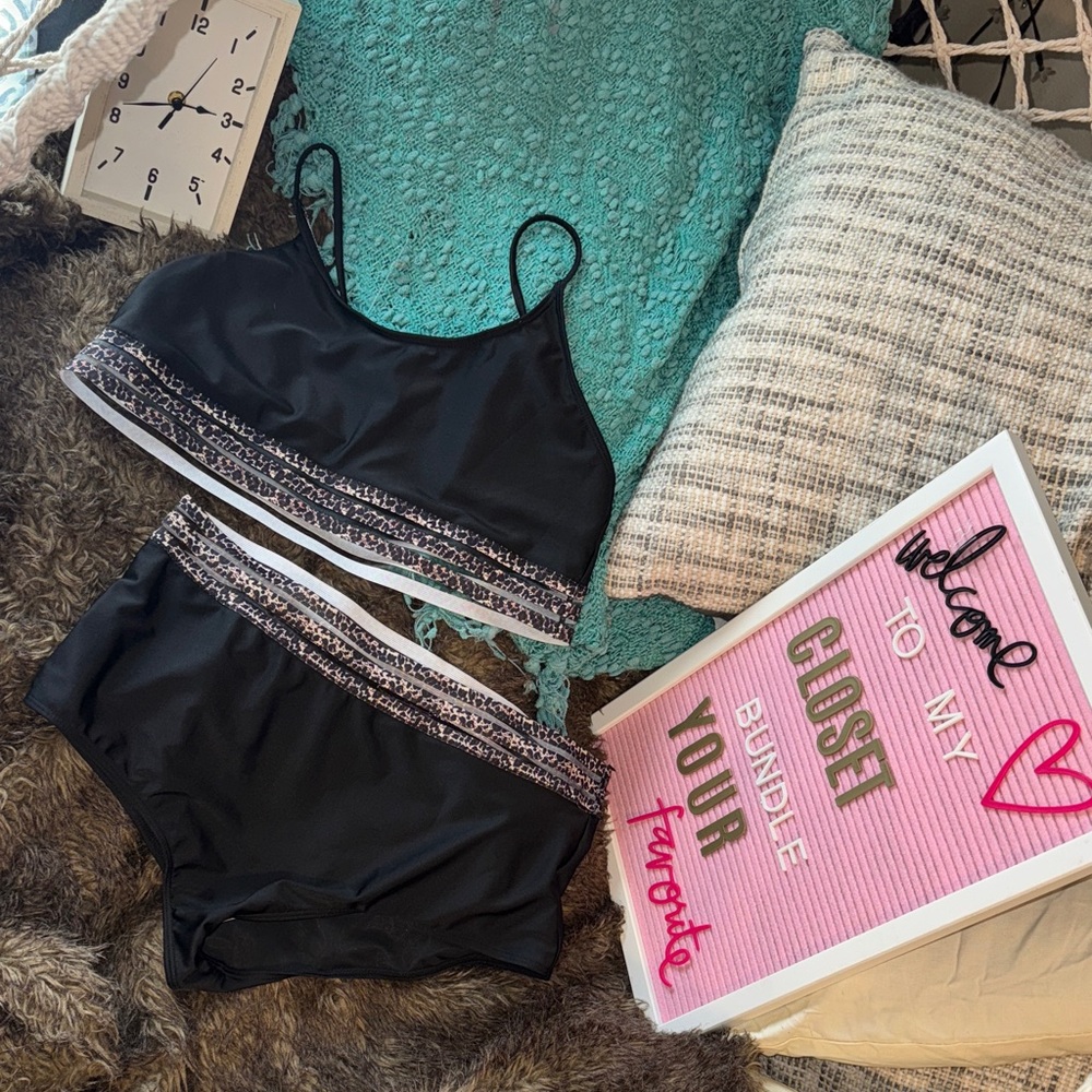 Chic Black Swimwear Set with Patterned Trim